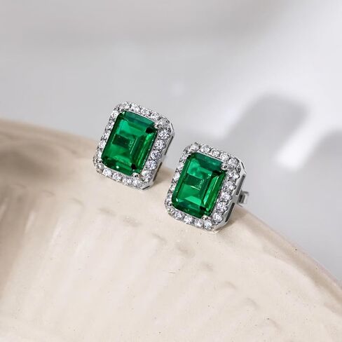 Emerald Earrings for Women Halo Created Emerald Green Stud earrings 18K White Gold Plated Silver in Kuwait