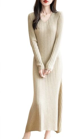 Women's Merino Wool Blend Sweater Dress 2025 Fall Winter V-Neck Long Sleeve Ribbed Cocktail Bodycon Knit Maxi Dress in Kuwait