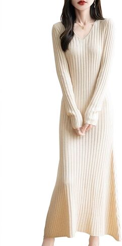 Women's Merino Wool Blend Sweater Dress 2025 Fall Winter V-Neck Long Sleeve Ribbed Cocktail Bodycon Knit Maxi Dress in Saudi Arabia