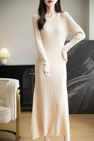 Women's Merino Wool Blend Sweater Dress 2025 Fall Winter V-Neck Long Sleeve Ribbed Cocktail Bodycon Knit Maxi Dress in Saudi Arabia