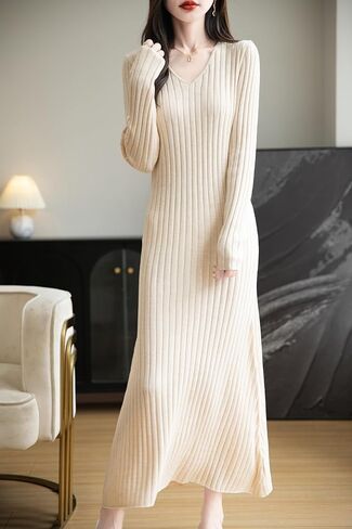 Women's Merino Wool Blend Sweater Dress 2025 Fall Winter V-Neck Long Sleeve Ribbed Cocktail Bodycon Knit Maxi Dress in Saudi Arabia
