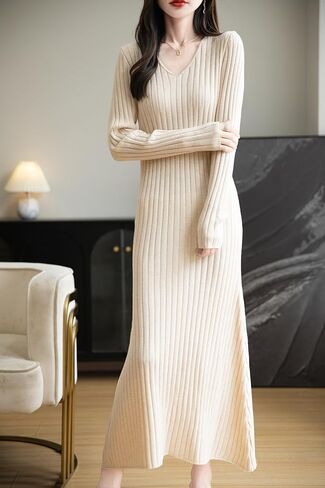 Women's Merino Wool Blend Sweater Dress 2025 Fall Winter V-Neck Long Sleeve Ribbed Cocktail Bodycon Knit Maxi Dress in Saudi Arabia