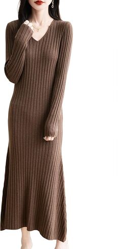 Women's Merino Wool Blend Sweater Dress 2025 Fall Winter V-Neck Long Sleeve Ribbed Cocktail Bodycon Knit Maxi Dress in Saudi Arabia
