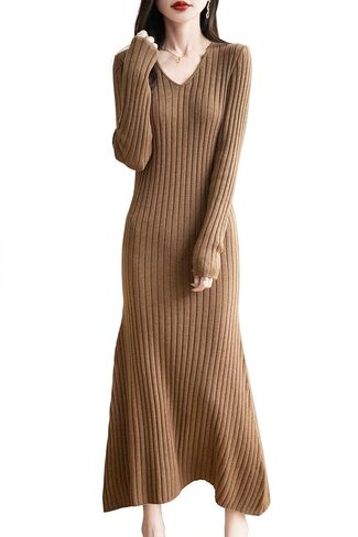 Women's Merino Wool Blend Sweater Dress 2025 Fall Winter V-Neck Long Sleeve Ribbed Cocktail Bodycon Knit Maxi Dress in Saudi Arabia