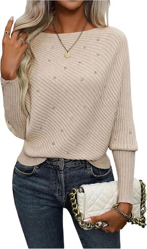 SOLY HUX Women's Rhinestone Sparkly Crewneck Sweater Ribbed Long Sleeve Pullover Jumper Knit Tops in Saudi Arabia