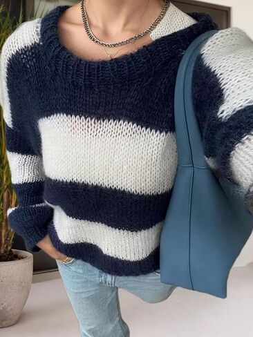 Womens Lightweight Colorblock Crewneck Pullover Sweater Long Sleeve Loose Fit Soft Knit Sweaters in Saudi Arabia