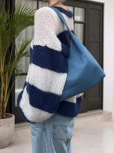 Womens Lightweight Colorblock Crewneck Pullover Sweater Long Sleeve Loose Fit Soft Knit Sweaters in Saudi Arabia