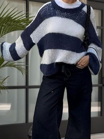 Womens Lightweight Colorblock Crewneck Pullover Sweater Long Sleeve Loose Fit Soft Knit Sweaters in Saudi Arabia