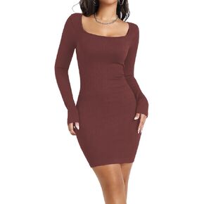 Women Square Neck Long Sleeve Ribbed Bodycon Club Party Dress Night Out Mini Dresses Slim Fit Body Shaper in Kuwait