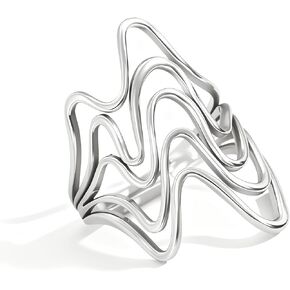 Elegant Silver Platinum Wide Chunky Statement Ring for Women, Multi-Row Wave Flower Pattern, Cocktail Party Style in Kuwait
