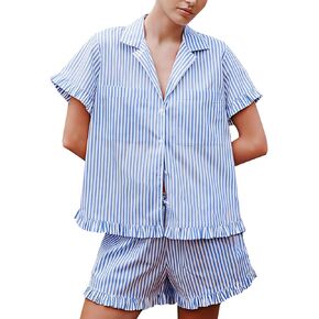 Wyeysyt Womens Striped Cotton Pajama Sets Shorts 2 Piece Cute Pjs Sets Summer Lounge Set in Kuwait