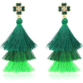 أقراط عيد القديس باتريك للنساء - أقراط شرابة ذات طبقات متدرجة خضراء مع ترصيع شامروك محظوظ، أقراط بوهو متدلية متدلية، هدايا وإكسسوارات مجوهرات حفلات الأعياد الأيرلندية in Kuwait