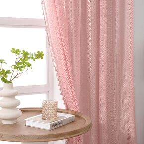 Blush Pink Curtains 2 Panels 84 Inches Long Cotton Crochet Lace Sheer Curtain Cute Soft Baby Pink Curtains for Girls Room Nursery Living Room,Rod Pocket Tassel Semi Sheer Drapes,Dusty Grey Pink in Kuwait