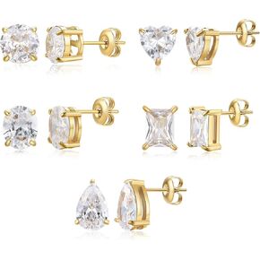 5 Pairs Cubic Zirconia Stud Earrings Sets for Women and Men 14K Gold Plated Stainless Steel Crystal Studs Clear Solitaire CZ Post Earrings Heart / Rectangle / Teardrop / Round / Oval Shaped Earrings Hypoallergenic Waterproof for Sensitive Ears in Kuwait