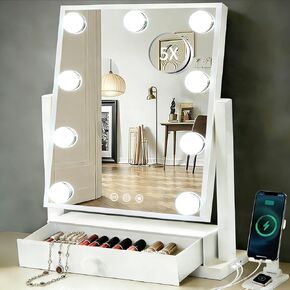 مرآة فانيتي مع أضواء مع درج، منفذ شحن من النوع C وUSB، مرآة مكياج هوليوود مع 9 لمبات LED، 3 ألوان قابلة للتعتيم، تحكم باللمس، تكبير 5X قابل للفصل، هدايا للنساء in Kuwait