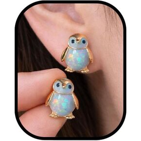 Cute Penguin Opal Earrings,14k Gold Plated Funny Earring Tiny Funny Animal Stud Earring White Nature Stone Earrings Dainty Jewelry Gifts for Women in Kuwait