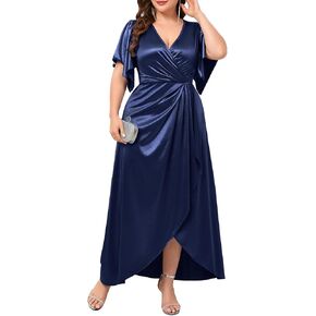 Women's Plus Size Formal Satin Dress V Neck Wrap Ruched Maxi Evening Gown Cocktail Party Wedding Guest Dresses in Kuwait