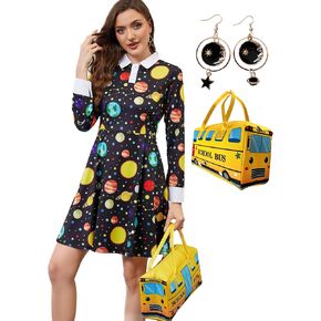 3Pcs Womens Long Sleeve Peter Pan Collar Fit and Flare Above Knee Aline Halloween Dress in Kuwait