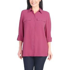 Hilary Radley Women's Roll Tab Sleeve Blouse, Button Down, Long Sleeve, Crinkle Top with Chest Pockets in Kuwait