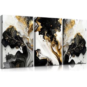 3Pcs Abstract Marble Canvas Wall Art Picture Black White Gold Texture Poster Print Modern Painting Wall Decor for Bedroom Living Room Office 12x16in Framed in Saudi Arabia