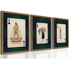 Framed Vintage Golf Wall Art Set of 3, Navy Plaid Playing Card Prints, Retro Classic Golfer Canvas Wall Decor, Preppy Americana Sports Painting Picture for Living Room Home Office 12x16 inch in Saudi Arabia