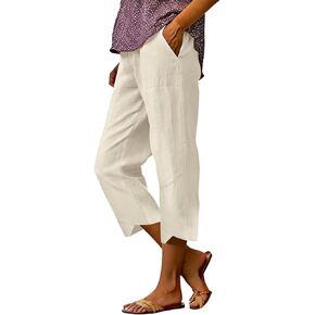 Cotton Linen Pants Women Boho Stretchy High Waisted Cropped Ankle Gauze Pant Solid Summer Beach Casual Trousers in Saudi Arabia