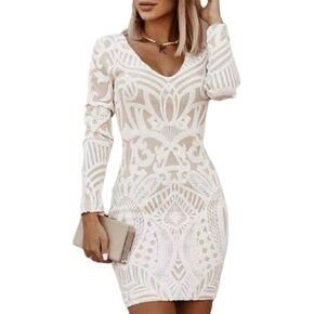 Women Solid Color Slim Fit Print V Neck Short Dress Long Sleeve Sexy Lightweight Casual Mini Dresses in Kuwait