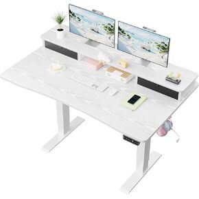Veken 47.2"×27.6" Home Office Standing Desk with Monitor Riser, Adjustable Computer Desk with Drawers, Ergonomic Desk for Work, Study, Gaming, Crafting, White in Kuwait