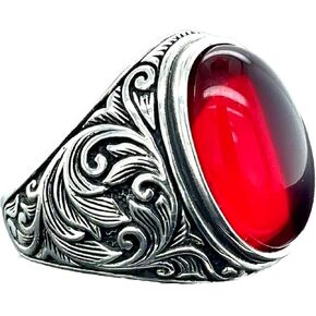 Silver Ruby Stone Ring, Engraved Men's Ring, Men Handmade Ruby Stone Silver Ring, Ottoman Style Handmade Ring, 925k Sterling Silver Ring in Kuwait