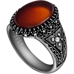 Real 925 sterling silver inlaid red natural agate gem ring, authentic retro Türkiye Ottoman style men's ring in Kuwait