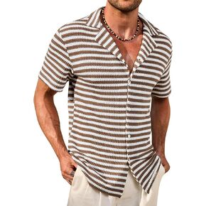 الرجال الكوبية قمصان مخططة الصيف الشاطئ زر أسفل عارضة الجوف خارج الكروشيه الأعلى (S-XXL) in Kuwait