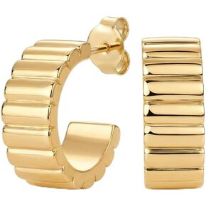 14K Gold Plated Ribbed Hoop Earrings for Women - Chunky Ridge Statement Earrings - Boho Puffy Croissant Huggie Hoops Trendy Gold Jewelry in Kuwait