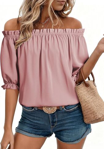 EVALESS Womens Tops Off The Shoulder Blouses for Women Dressy Casual Cute Puff Sleeve T Shirts Fashion 2025 in Kuwait
