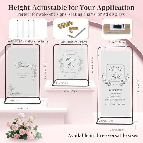 حامل لافتة، حامل لافتة زفاف قابل للتعديل، حامل لافتة ترحيب مع أشرطة تعليق جلدية، حامل لافتة سهل التحمل مقاس 68 بوصة × 31 بوصة × 20 بوصة لحفلات الزفاف، وحفلات الزفاف، وحفلات أعياد الميلاد، وحفلات استقبال المولود الجديد أو أي حدث (أسود، M) in Kuwait