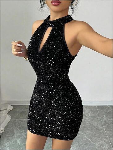 Women's Glitter Sequin Halter Mini Dress Elegant Cut Out Mock Neck Bodycon Evening Party Cocktail Dresses in Saudi Arabia