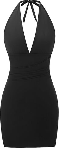 Women's Ruched Bodycon Halter Mini Dress Summer Tie Open Back Deep V Neck Cocktail Party Club Dresses in Saudi Arabia