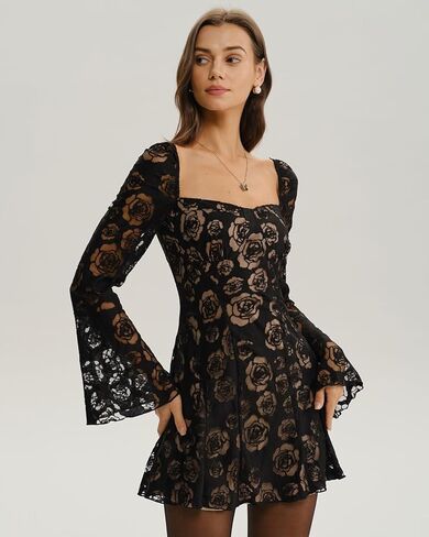 RIHOAS Women's Square Neck Floral Lace Mini Dress Flowy Short Dress Mesh Night Out Dresses Club Outfit in Saudi Arabia
