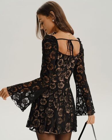 RIHOAS Women's Square Neck Floral Lace Mini Dress Flowy Short Dress Mesh Night Out Dresses Club Outfit in Saudi Arabia