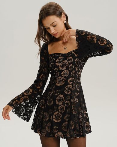 RIHOAS Women's Square Neck Floral Lace Mini Dress Flowy Short Dress Mesh Night Out Dresses Club Outfit in Saudi Arabia