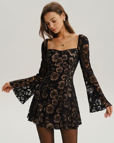 RIHOAS Women's Square Neck Floral Lace Mini Dress Flowy Short Dress Mesh Night Out Dresses Club Outfit in Saudi Arabia