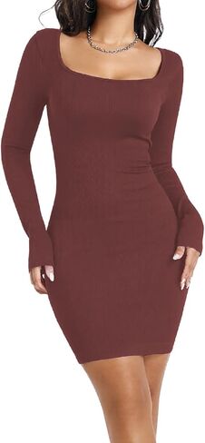 Women Square Neck Long Sleeve Ribbed Bodycon Club Party Dress Night Out Mini Dresses Slim Fit Body Shaper in Kuwait