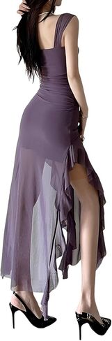 Women's Spring Summer New Sexy Mesh Dress Strapless Bustier High-Slit Bodycon Sheer Long Dress in Kuwait