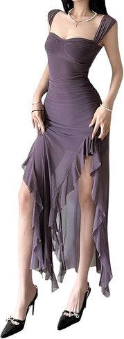 Women's Spring Summer New Sexy Mesh Dress Strapless Bustier High-Slit Bodycon Sheer Long Dress in Kuwait