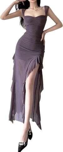 Women's Spring Summer New Sexy Mesh Dress Strapless Bustier High-Slit Bodycon Sheer Long Dress in Kuwait