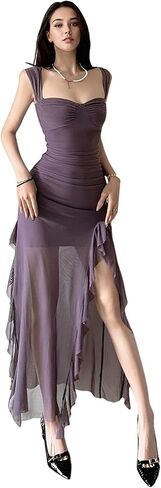 Women's Spring Summer New Sexy Mesh Dress Strapless Bustier High-Slit Bodycon Sheer Long Dress in Kuwait