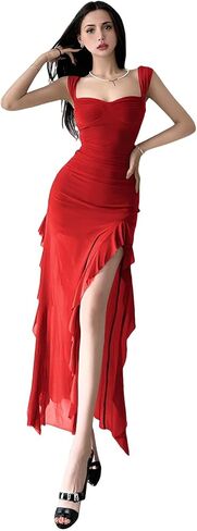 Women's Spring Summer New Sexy Mesh Dress Strapless Bustier High-Slit Bodycon Sheer Long Dress in Kuwait