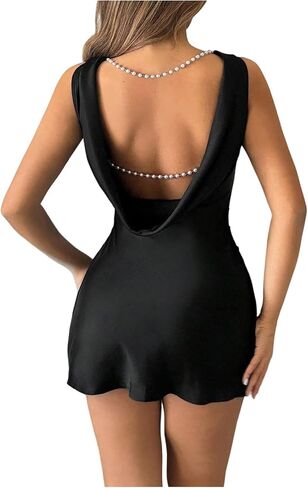 SHENHE Women's Satin Open Back Mini Dress Pearl Chain Ruched Sleeveless Date Night Party Dress in Saudi Arabia
