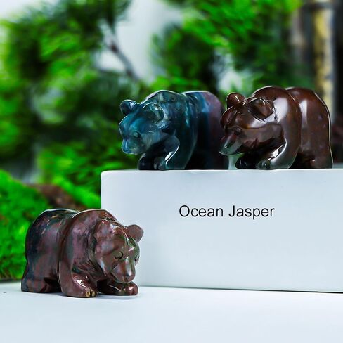 SMQ 2" Crystal Bear Statue, Natural Gemstone Handmade Figurine Sculpture, Healing Crystal Animal Stone Office Home Decor Collectibles Gift (Ocean Jasper) in Saudi Arabia