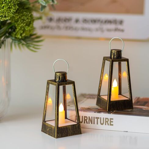 Romadedi Mini Decorative Lantern for Centerpieces - 10 Pcs Gold Vintage Candle Lanterns with Flickering LED Candles for Wedding Table Halloween Christmas Party Decor, Battery Included in Kuwait