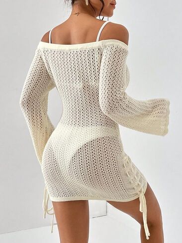Women's Swimsuit Coverup Bathing Suit Beach Cover Up Crochet Knit Tops Dress Mesh Hollow Outfits Without Bikini in Saudi Arabia